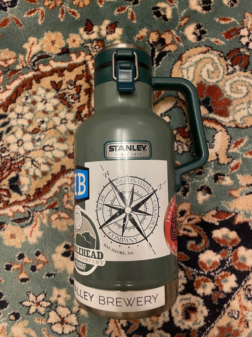 Stanley Olive Green Insulated Growler with Handle and Sticker Accents